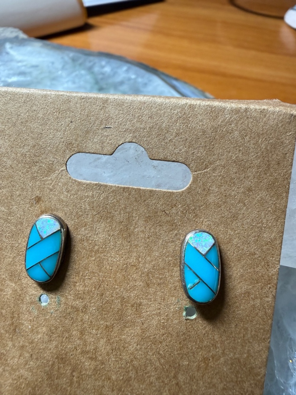 Zuni Native American Turquoise Inlay Oval Opal Turquoise Stud Earrings Signed OR - Picture 9 of 10